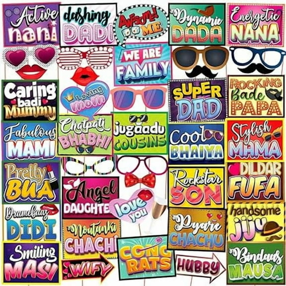All Occasion Multi Colour Indian Family Photo Booth Party Props, Baby Shower Party Props for Family / Birthday Party Props for Family / Wedding Party Props for Family