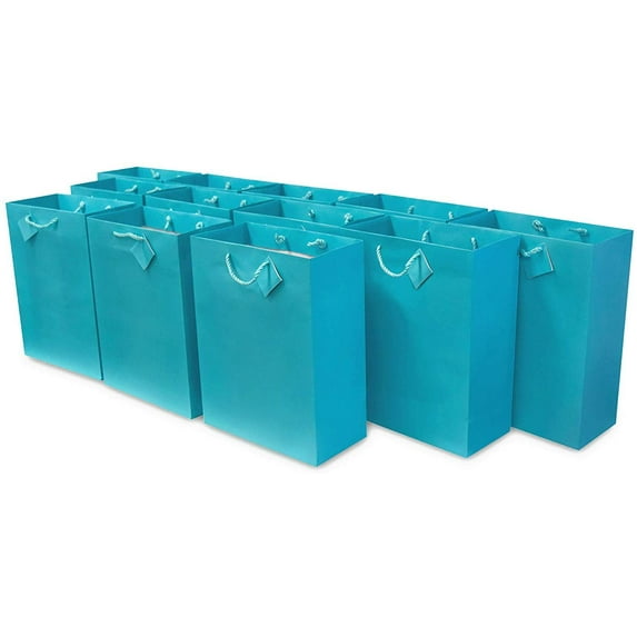 OccasionAll- Small Turquoise Solid Teal Paper Gift Bags with Handles for Birthday Parties 12 Pcs 6x3x7.5