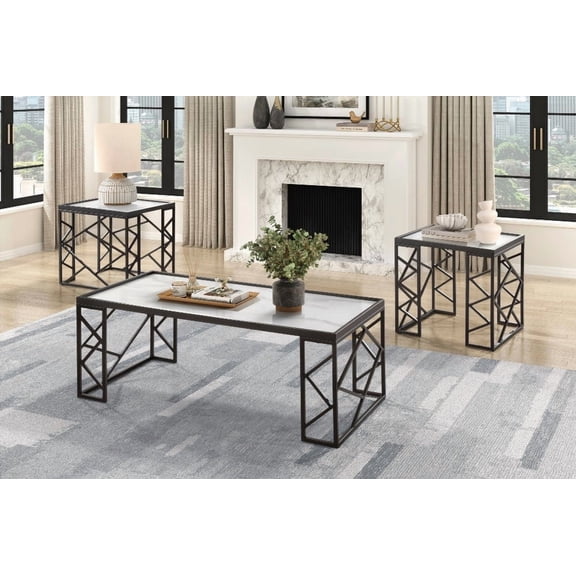 Occasional 3pc Tables Set with Black Metal Frame and White Marble-Top Coffee & End Tables for Living Room