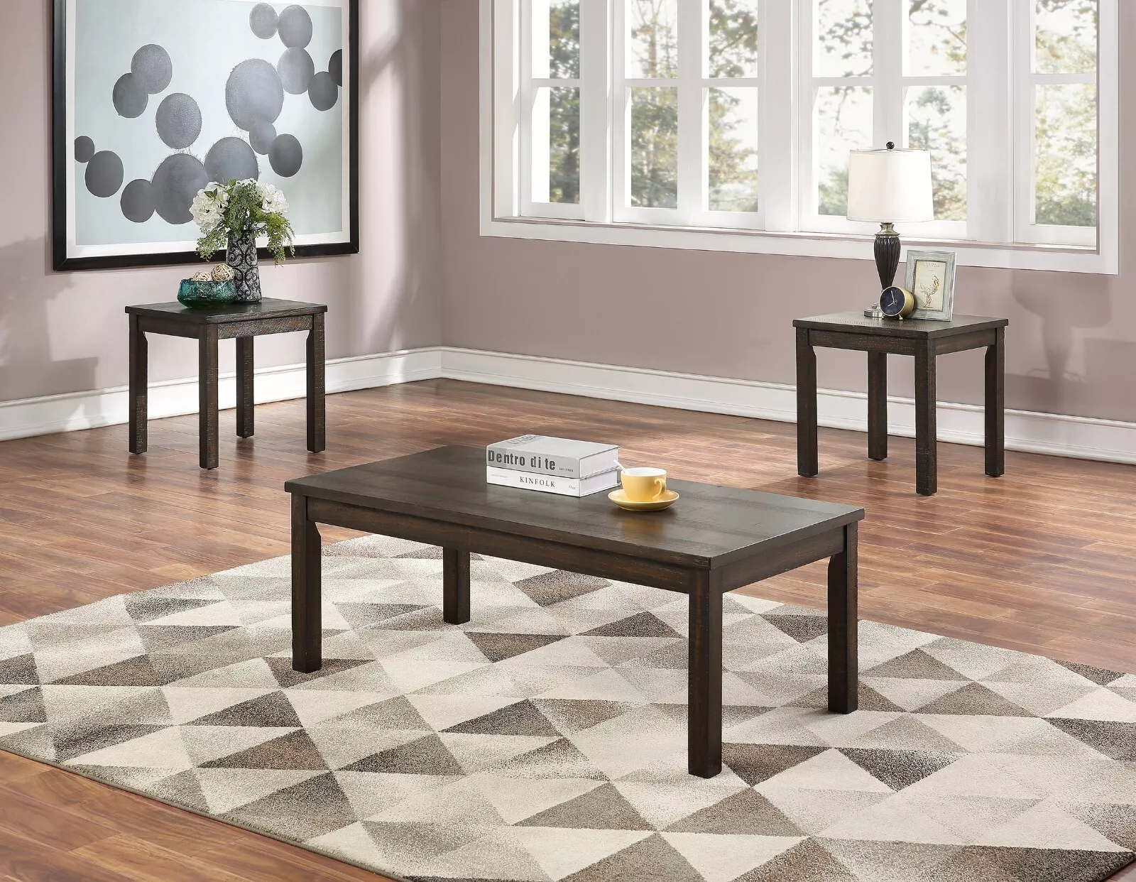 Espresso Pine Wood 3-Piece Coffee and End Table Set