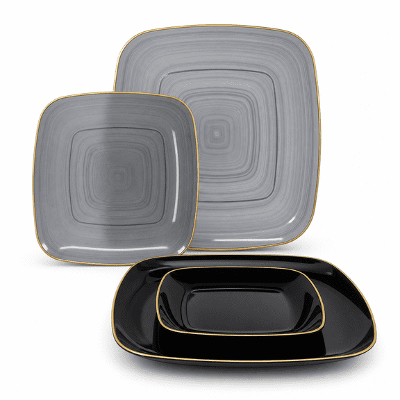 " Occasions 50 Plates Pack (25 Guests)-wedding Party Disposable Plastic Plate Set -25 X 10'' Dinner + 25 7'' Salad & Dessert (belize Square In Black)