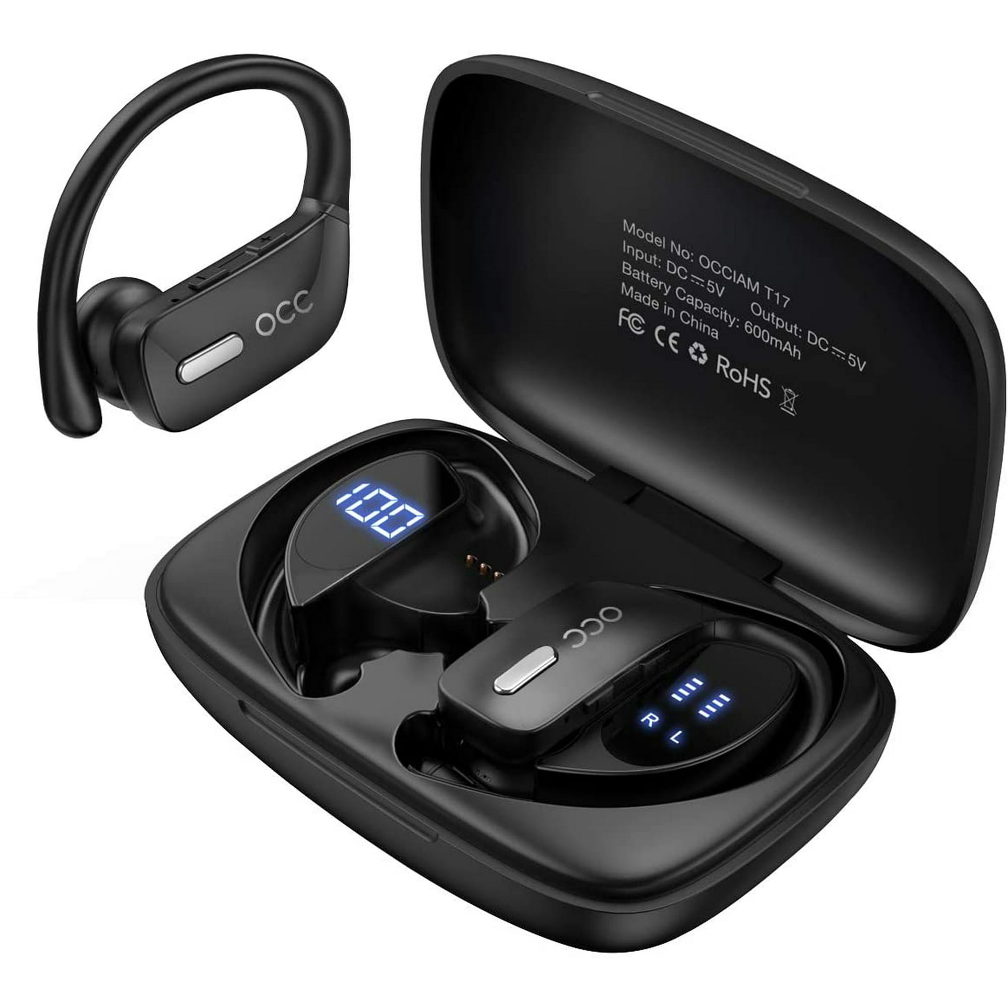 Occiam Bluetooth Headphones-True Wireless Earbuds 48Hrs Playtime Earphones TWS Bass Loud Voice Call Over Ear Waterproof with Microphone Smart LED Display for Sports Gaming Workout-Black -