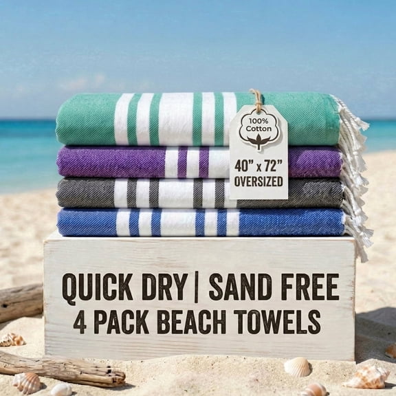 Occosa 4-Piece Turkish Cotton Beach Towel Pack & 1 Boho Tote Bag, Hammam Towels, No Shrink, Quick Dry, Lightweight, Sand Free (40"x 72") (Color Mix 3)