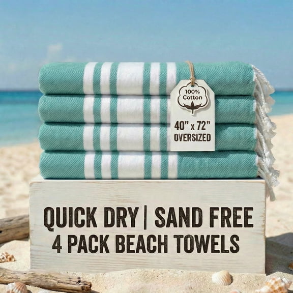 Occosa 4-Piece Turkish Cotton Beach Towel Pack & 1 Boho Tote Bag, Hammam Towels, No Shrink, Quick Dry, Lightweight, Sand Free (40"x 72") (Green)