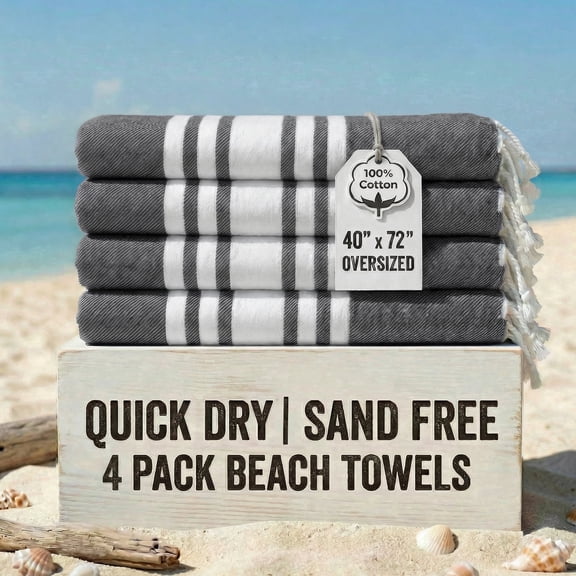 Occosa 4-Piece Turkish Cotton Beach Towel Pack & 1 Boho Tote Bag, Hammam Towels, No Shrink, Quick Dry, Lightweight, Sand Free (40"x 72") (Gray)