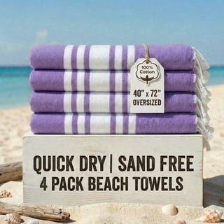Occosa 4-Piece Turkish Cotton Beach Towel Pack & 1 Boho Tote Bag, Hammam Towels, No Shrink, Quick Dry, Lightweight, Sand Free (40"x 72") (Purple)