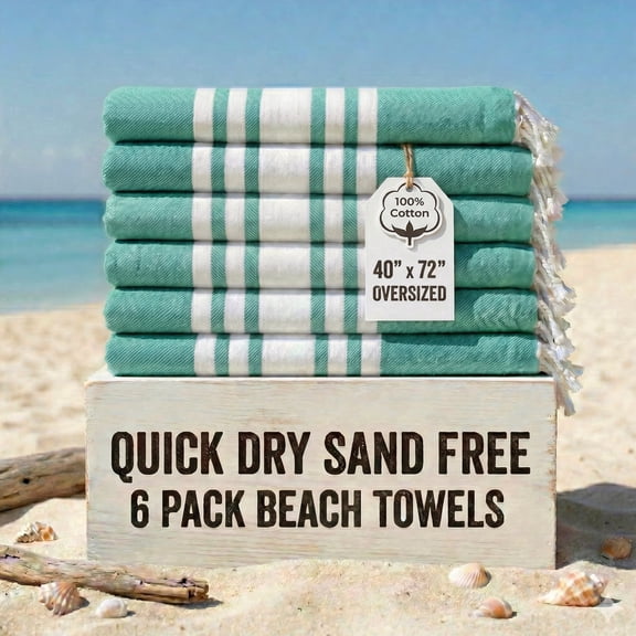 Occosa 6-Piece Turkish Cotton Beach Towel Pack & 1 Boho Tote Bag, Hammam Towels, No Shrink, Quick Dry, Lightweight, Sand Free (40"x 72") (Green)