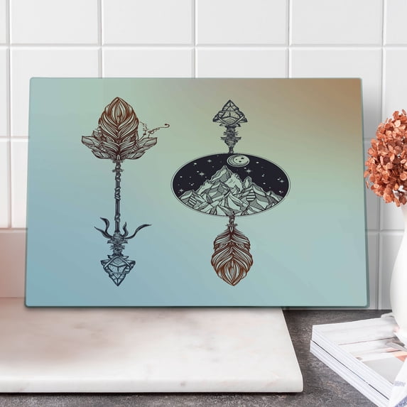 Occult Cutting Board, Boho Elements with Feather and Rocky Mountain Arrow Design, Decorative Tempered Glass Cutting and Serving Board, Large Size, Sepia Blue, by Ambesonne