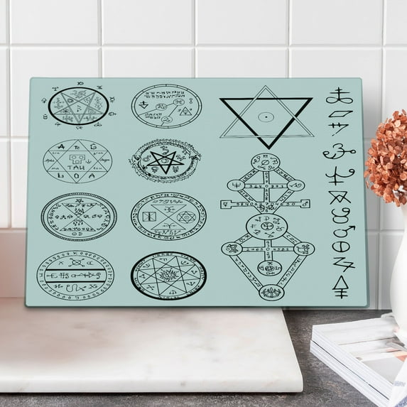 Occult Cutting Board, Design Circular Pentagram Hidden Knowledge of Cosmos Themed Print, Decorative Tempered Glass Cutting and Serving Board, Large Size, White and Black, by Ambesonne