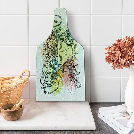 Occult Cutting Board, Female Shaman with Third Eye Form on Head with Watercolors Splash Occultism Drawing, Tempered Glass Cutting and Serving Board, Wine Bottle Shape, Multicolor, by Ambesonne