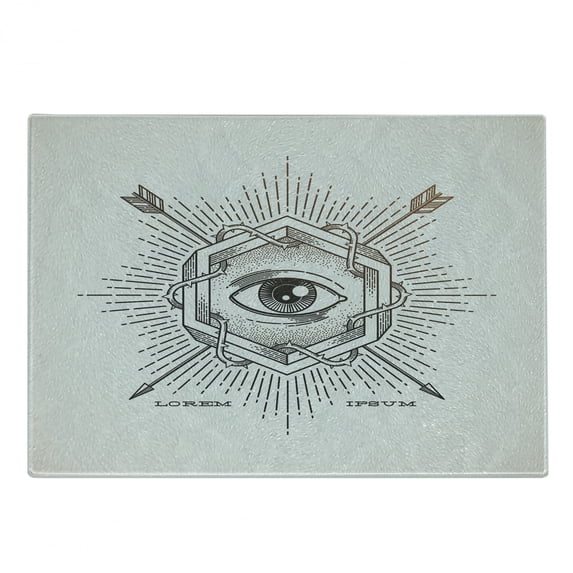 Occult Cutting Board, Third Eye in Geometric Hexagon with Grunge Effects and Arrows Inspirations Print, Decorative Tempered Glass Cutting and Serving Board, Small Size, Beige, by Ambesonne