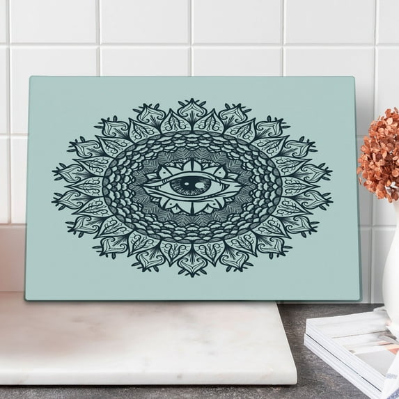 Occult Cutting Board, Vintage Symmetrical Circular Occult Pattern Knowledge of the Hidden Third Eye Providence, Decorative Tempered Glass Cutting and Serving Board, Large Size, Grey, by Ambesonne