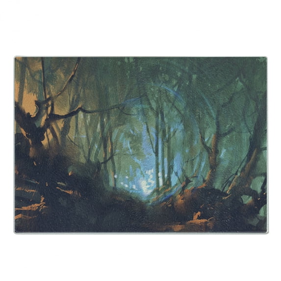 Occult Cutting Board, Whimsical Forest Reflection in Lake Deep Dark Surreal Illustration, Decorative Tempered Glass Cutting and Serving Board, Small Size, Brown Teal, by Ambesonne