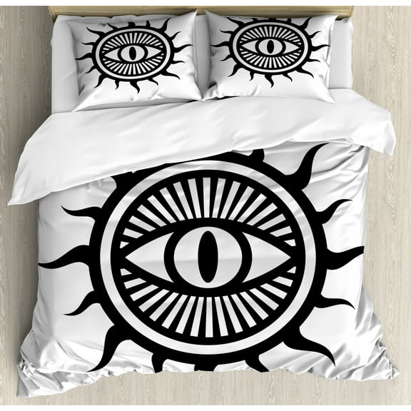 Occult Decor King Size Duvet Cover Set, Third Eye Symbol in Sun Circle Pattern the Locus of Force Art Print Image, Decorative 3 Piece Bedding Set with 2 Pillow Shams, Black and White, by Ambesonne