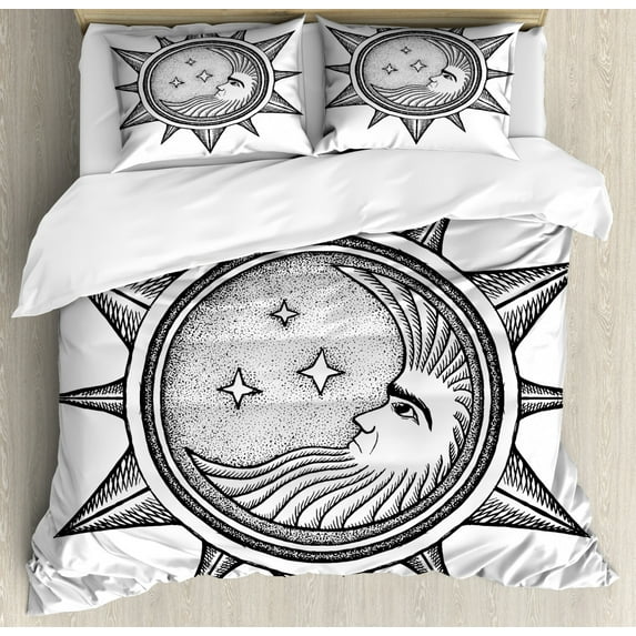 Occult Decor Queen Size Duvet Cover Set, Moon inside the Sun with Stars Alchemy Clandestine Esoteric Solar Crescent Art, Decorative 3 Piece Bedding Set with 2 Pillow Shams, Black Grey, by Ambesonne