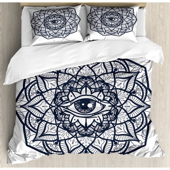 Occult Decor Queen Size Duvet Cover Set, Ornamental Eye with Ethnic Mandala Form Providence Energy in Action Design, Decorative 3 Piece Bedding Set with 2 Pillow Shams, Black White, by Ambesonne
