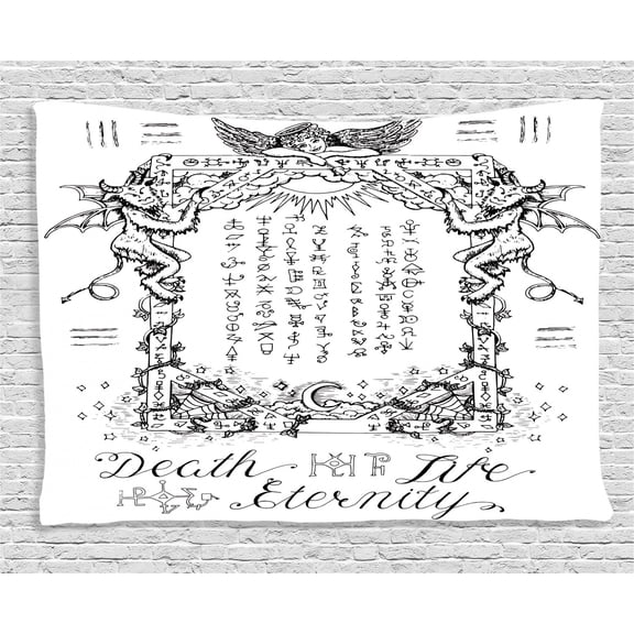 Occult Decor Tapestry, Gothic Medieval Magic and Spell Symbols Eternal Life Ritual Chart Art Theme, Wall Hanging for Bedroom Living Room Dorm Decor, 60W X 40L Inches, White Black, by Ambesonne