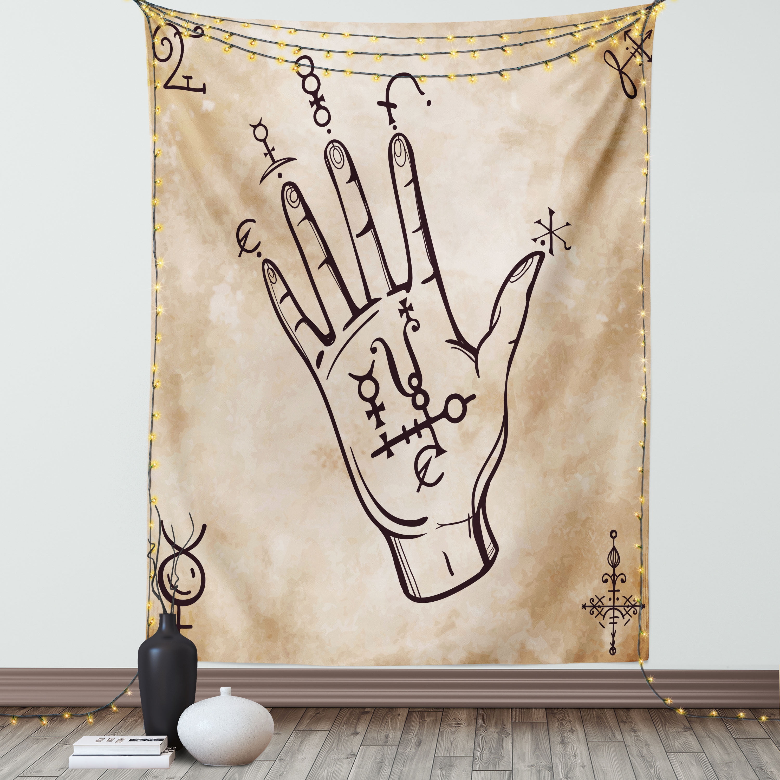 Occult Decor Tapestry, Hand Sketch with Magical Spiritual Spell Signs on Grunge Medieval Retro