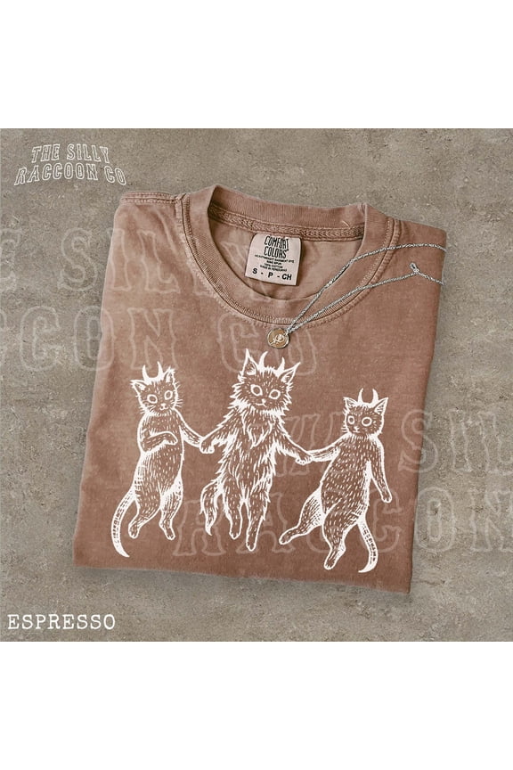 Occult Devil Cat Shirt for Men Women, Vintage Goblincore Linocut T-Shirt, Funny Alt Clothing, Indie Folk Art Graphic Top, Halloween Gift