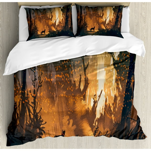 Occult Duvet Cover Set, Lost Dog in Forest Theme over Trees Adventure Spooky Design Elements, Decorative 3 Piece Bedding Set with 2 Pillow Shams, King Size, Orange Brown, by Ambesonne
