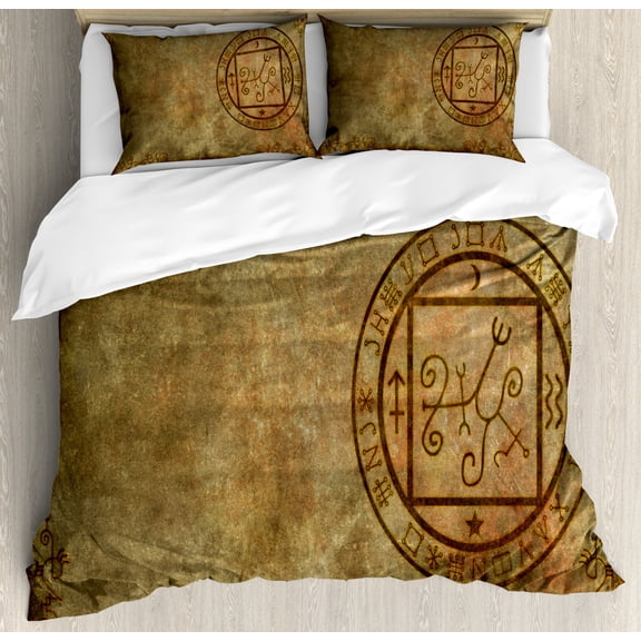 Occult Duvet Cover Set Queen Size, Ancient Textured Mystic Occult Sigil Seal Icon over Distressed Old Background Design Print, Decorative 3 Piece Bedding Set with 2 Pillow Shams, Tan, by Ambesonne