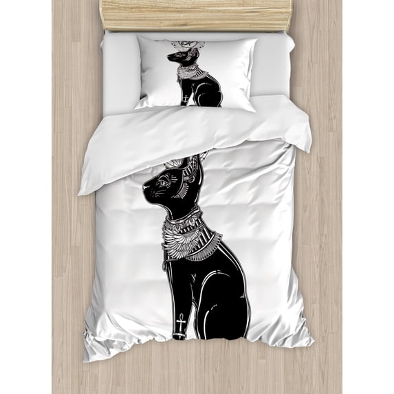 Occult Duvet Cover Set Twin Size, Vintage Legendary Mystical Egyptian Cat Sphinx Icon Eastern Design Artwork Print, Decorative 2 Piece Bedding Set with 1 Pillow Sham, Black Grey, by Ambesonne