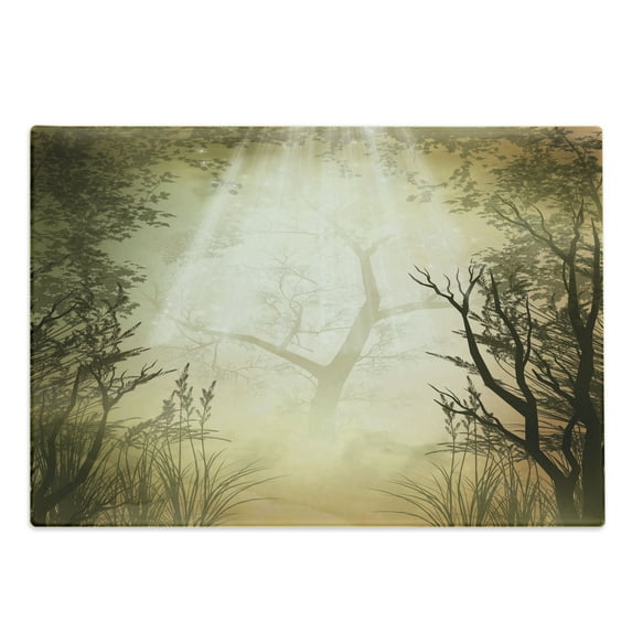 Occult Forest Cutting Board, Misty Spot Deep down in the Woodlands Sunbeams, Decorative Tempered Glass Cutting and Serving Board, Large Size, Pale Yellow Black, by Ambesonne