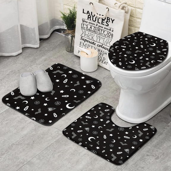 Occult Halloween Pattern Bathroom Rugs Sets 3 Piece,Toilet Cover Set,Absorbent Non Slip Bathroom Mats Sets with U-Shaped Contour Rug Toilet Rug Set