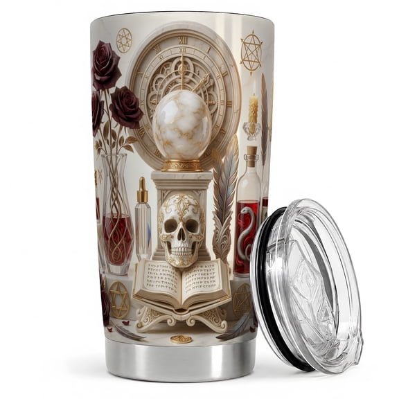 Occult Skull Clock 20oz Tumbler, Gothic Alchemy Tumbler, Daily Drinks, Crystal Orb Book Artwork, Red Potion Rose Detail, Mystic Candle Style For Dark Fantasy And Gothic Decor Fans