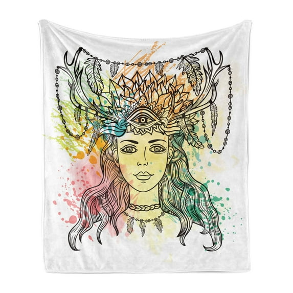 Occult Soft Flannel Fleece Blanket, Female Shaman with Third Eye Form on Head with Watercolors Splash Occultism Drawing, Cozy Plush for Indoor and Outdoor Use, 50" x 70", Multicolor, by Ambesonne