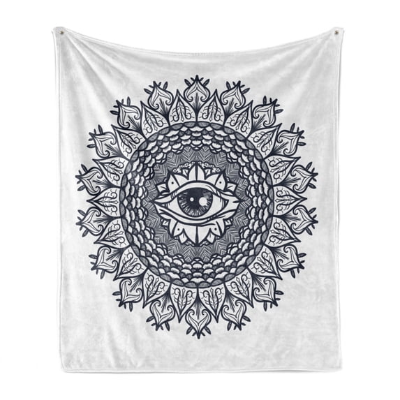 Occult Soft Flannel Fleece Blanket, Vintage Symmetrical Circular Occult Pattern Knowledge of the Hidden Third Eye Providence, Cozy Plush for Indoor and Outdoor Use, 70" x 90", Grey, by Ambesonne