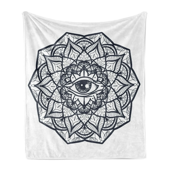 Occult Soft Flannel Fleece Throw Blanket, Abstract Ornamental Eye with Mandala Form Providence Energy in Action Design, Cozy Plush for Indoor and Outdoor Use, 50" x 60", Black White, by Ambesonne