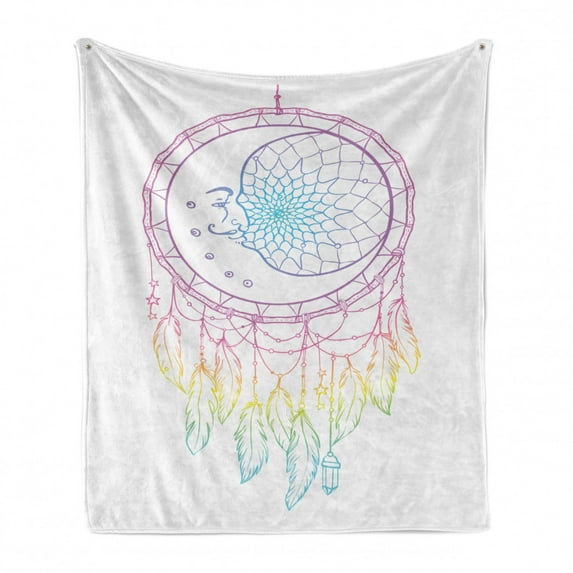 Occult Soft Flannel Fleece Throw Blanket, Colorful Lineart Graphic with Abstract Crescent in Native Themed Dreamcatcher, Cozy Plush for Indoor and Outdoor Use, 50" x 70", Multicolor, by Ambesonne