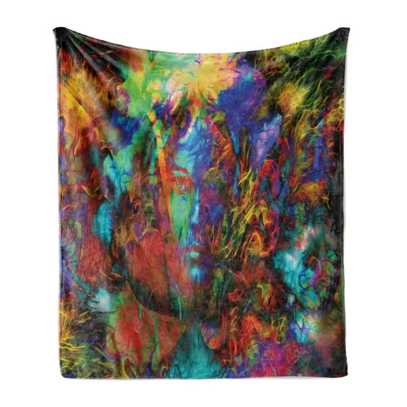 Occult Soft Flannel Fleece Throw Blanket, Mysterious Woman Face with Butterflies and Vision Perspective Artwork, Cozy Plush for Indoor and Outdoor Use, 50" x 60", Multicolor, by Ambesonne