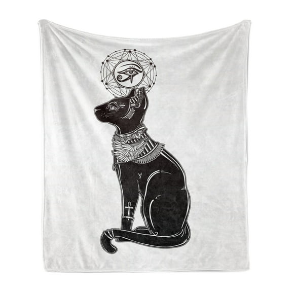 Occult Soft Flannel Fleece Throw Blanket, Vintage Egyptian Cat Sphinx Eastern Design Artwork Print, Cozy Plush for Indoor and Outdoor Use, 50" x 70", Black Grey, by Ambesonne
