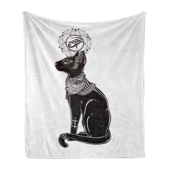 Occult Soft Flannel Fleece Throw Blanket, Vintage Egyptian Cat Sphinx Eastern Design Artwork Print, Cozy Plush for Indoor and Outdoor Use, 60" x 80", Black Grey, by Ambesonne