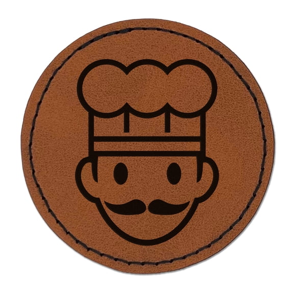 Occupation Chef Cook Man Icon 2.5" Faux Leather Round Engraved Iron-On Patch - Brown