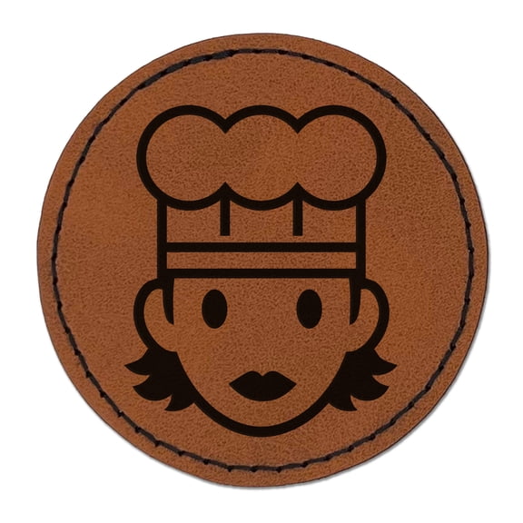 Occupation Chef Cook Woman Icon 2.5" Faux Leather Round Engraved Iron-On Patch - Brown