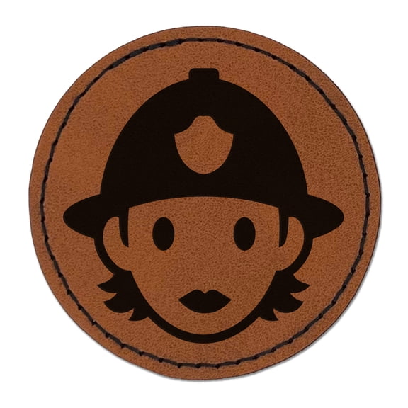 Occupation Firefighter Fire Woman Icon 2.5" Faux Leather Round Engraved Iron-On Patch - Brown
