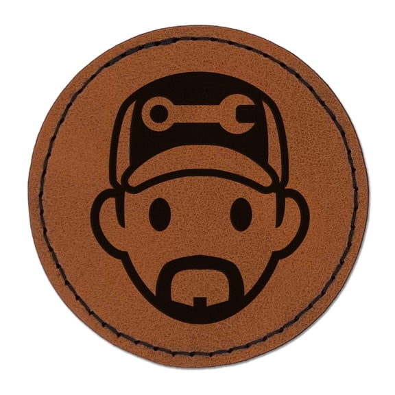 Occupation Mechanic Engineer Man Icon 2.5" Faux Leather Round Engraved Iron-On Patch - Brown