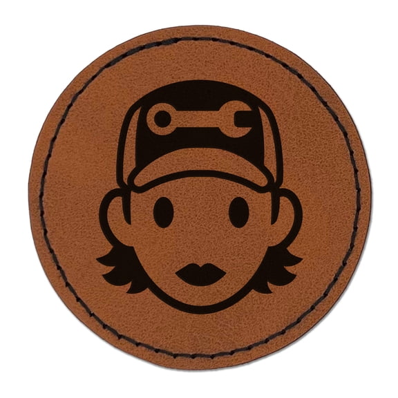 Occupation Mechanic Engineer Woman Icon 2.5" Faux Leather Round Engraved Iron-On Patch - Brown