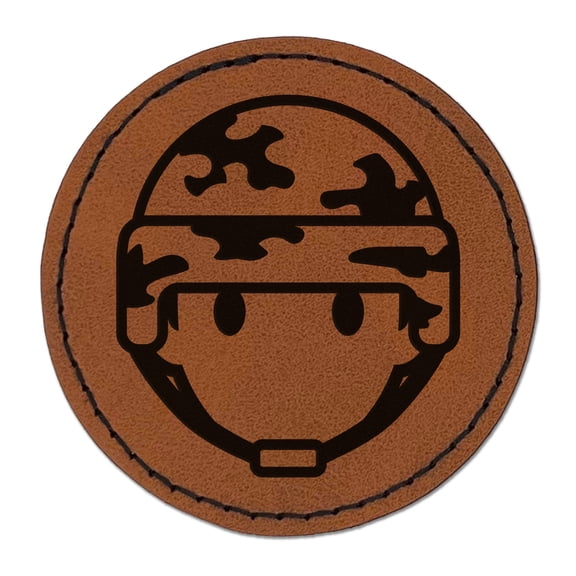 Occupation Military Soldier Icon 2.5" Faux Leather Round Engraved Iron-On Patch - Brown
