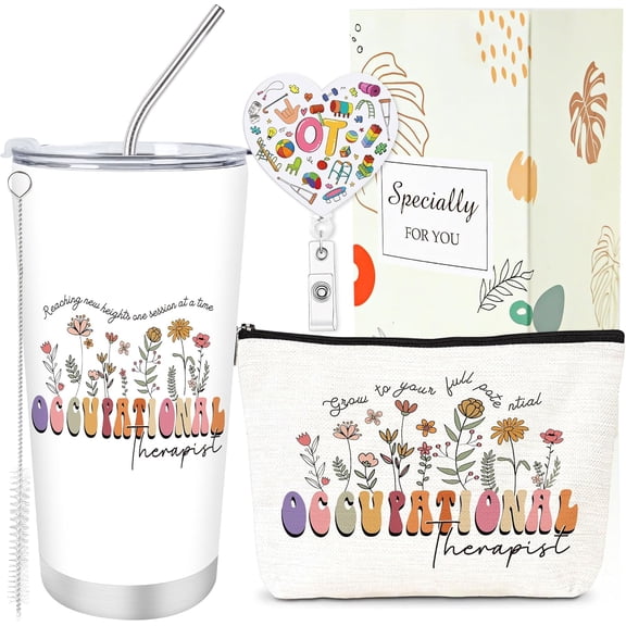 Occupational Therapy Gifts for Women - 3Pcs Occupational Therapist Gift Set, 20oz Tumbler with Straw, OT Badge Reel Makeup Bag, Speech Therapist Thank You Appreciation Birthday Christimas Gift