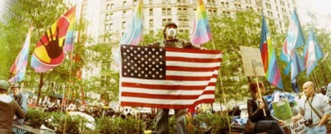 Occupy Wall Street protester Zuccotti Park Lower Manhattan Manhattan New York City New York State USA Canvas Art - Panoramic Images (30 x 12)