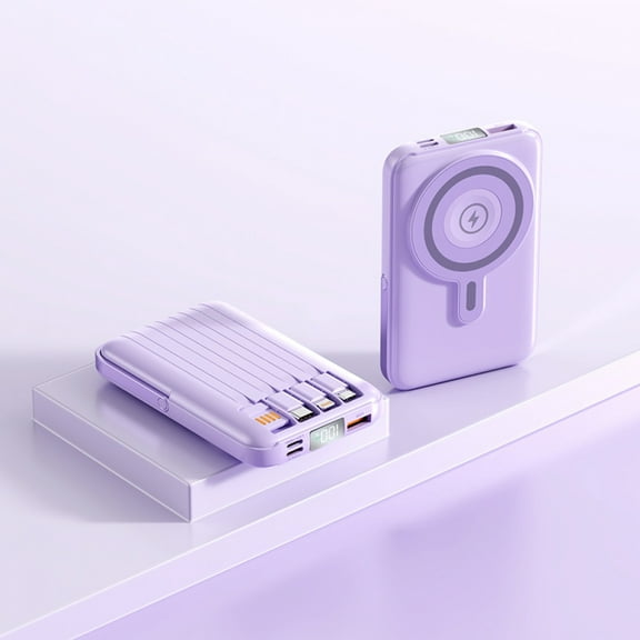 OceAura 10000mAh MagSafe Wireless Power Bank with 4 Built-in Cables, Fast Wireless Charging & Hidden Metal Stand - Portable Magnetic Charger for iPhone/Android (purple)