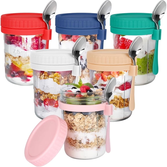 OcePor 6 Pack Overnight Oats Containers with Lids and Spoons, 16 OZ Glass Mason Overnight Oats Jars, Large Capacity Airtight Jars for Milk, Cereal, Fruit
