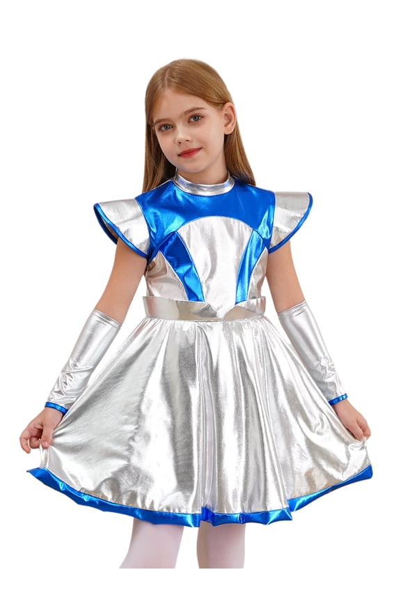 Alien Girls Outerspace Dance Outfit Metallic A Line Dress with Feeler Headband Silver-A 8