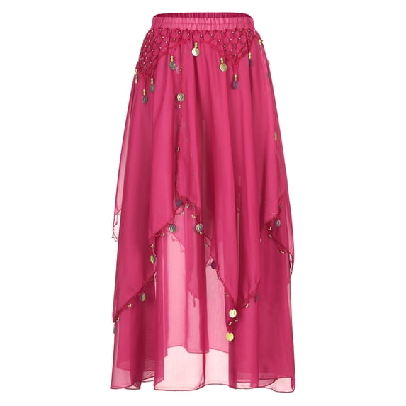 Ocealan Belly Dance Skirt Sequin Beaded Chiffon Swing Skirts Women Belly Dancing Practice Clothing Hot Pink One Size