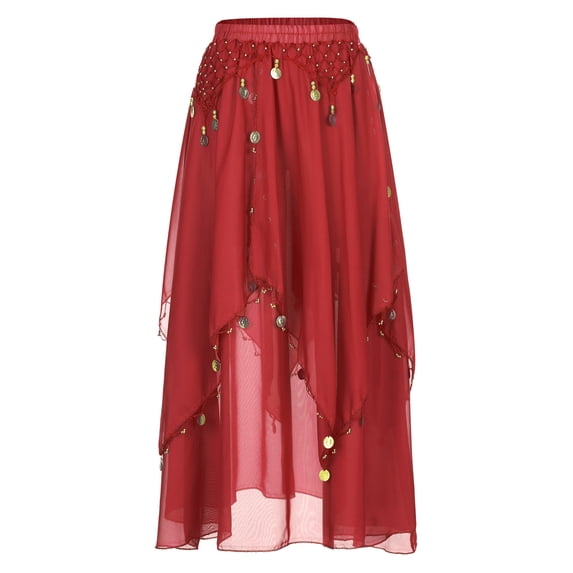 Ocealan Belly Dance Skirt Sequin Beaded Chiffon Swing Skirts Women Belly Dancing Practice Clothing Red One Size