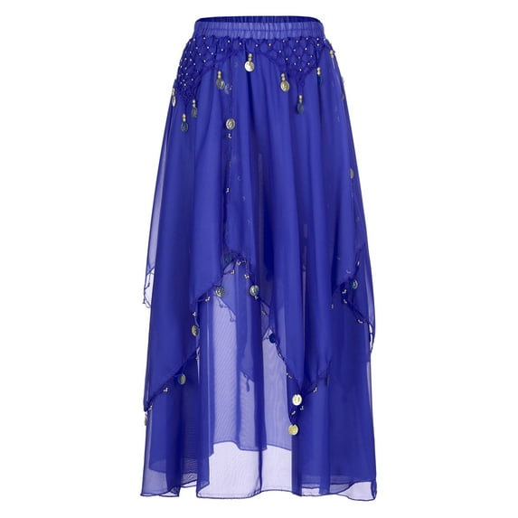 Ocealan Belly Dance Skirt Sequin Beaded Chiffon Swing Skirts Women Belly Dancing Practice Clothing Royal Blue One Size